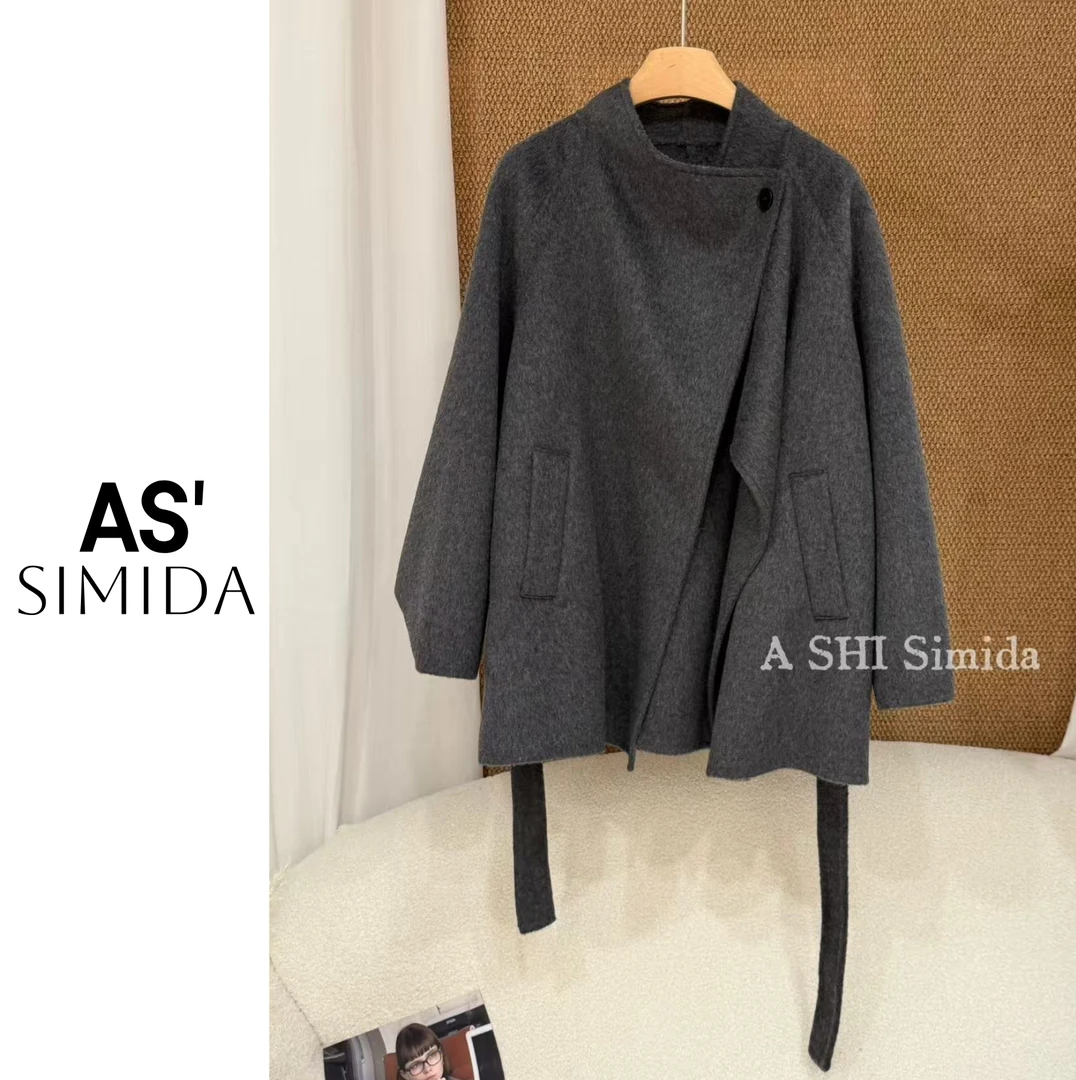 SIMIDA诗觅   韩系双面手缝羊毛大衣立领插肩袖中长外套【配腰带】