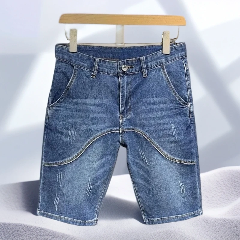潮牌轻奢拼接牛仔短裤夏季个性百搭休闲中裤薄款蓝色直筒五分裤子