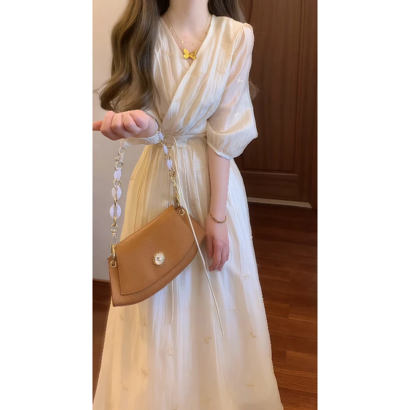 法式温柔设计感仙气重工刺绣交叉领连衣裙气质长裙9392