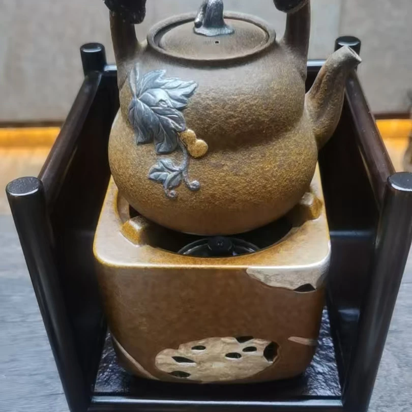 【福器】套组-酱釉福禄提梁壶+莲藕酒精炉粗陶（灰念套组）