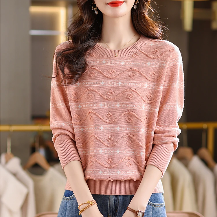 2025新款春秋时尚提花圆领针织毛衣女洋气上衣宽松百搭套头打底衫