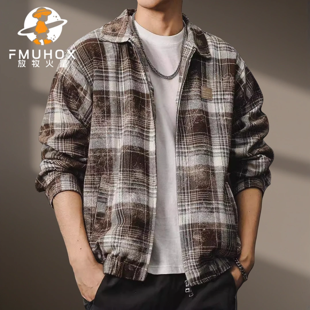 @放牧火星 高端磨毛格子衬衫男2024秋冬季美式复古宽松夹克外套潮
