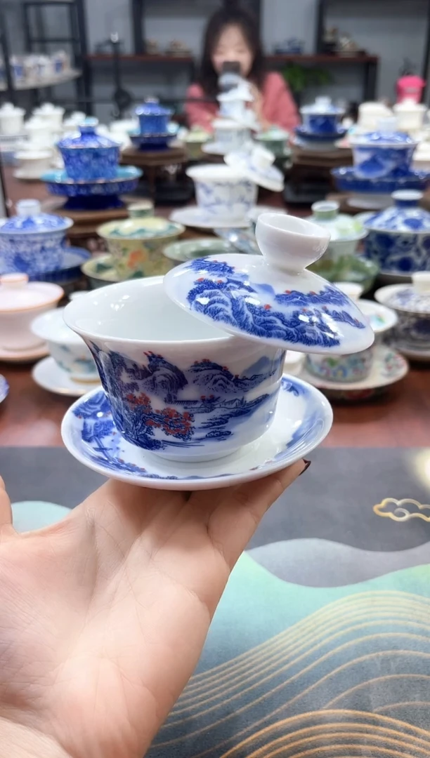 【闪购商品】小号青花釉下蓝山水马蹄盖碗