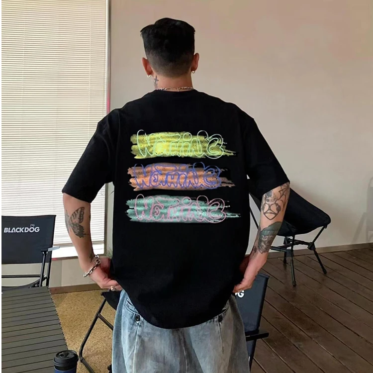 美式重磅男士纯棉短袖T恤男装炸街潮流时尚休闲宽松印花半袖上衣