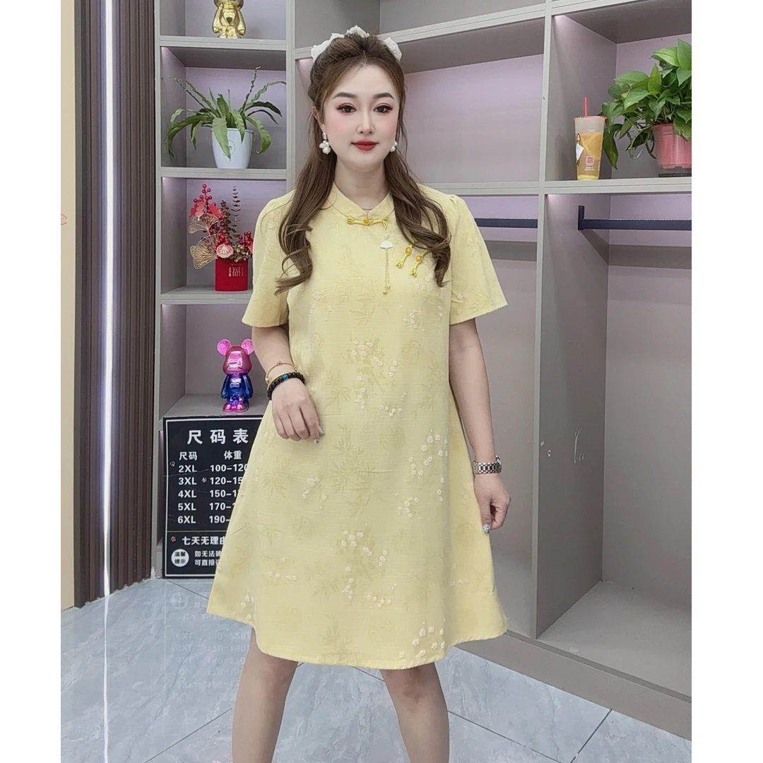 013提花气质斜襟旗袍连衣裙大码时尚休闲新中式薄款短袖夏季长短