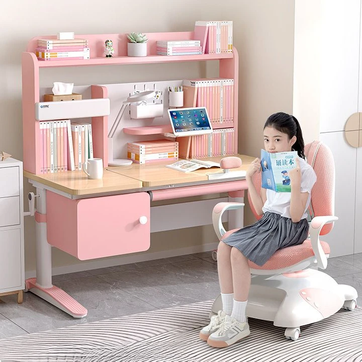 2025年新款儿童学习桌椅套装可升降护眼学习书桌子书架组合一体桌
