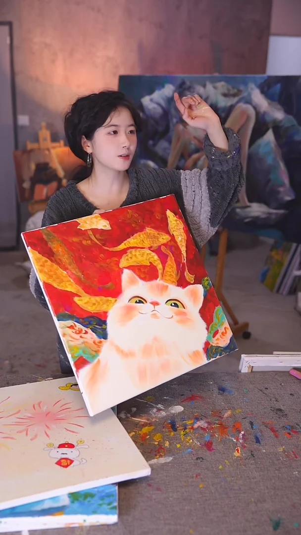 【闪购商品】油画锦鲤喵喵丙烯画纯手绘