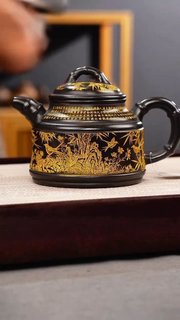 茶壶紫砂石黄 竹鼎 燕子图 描金