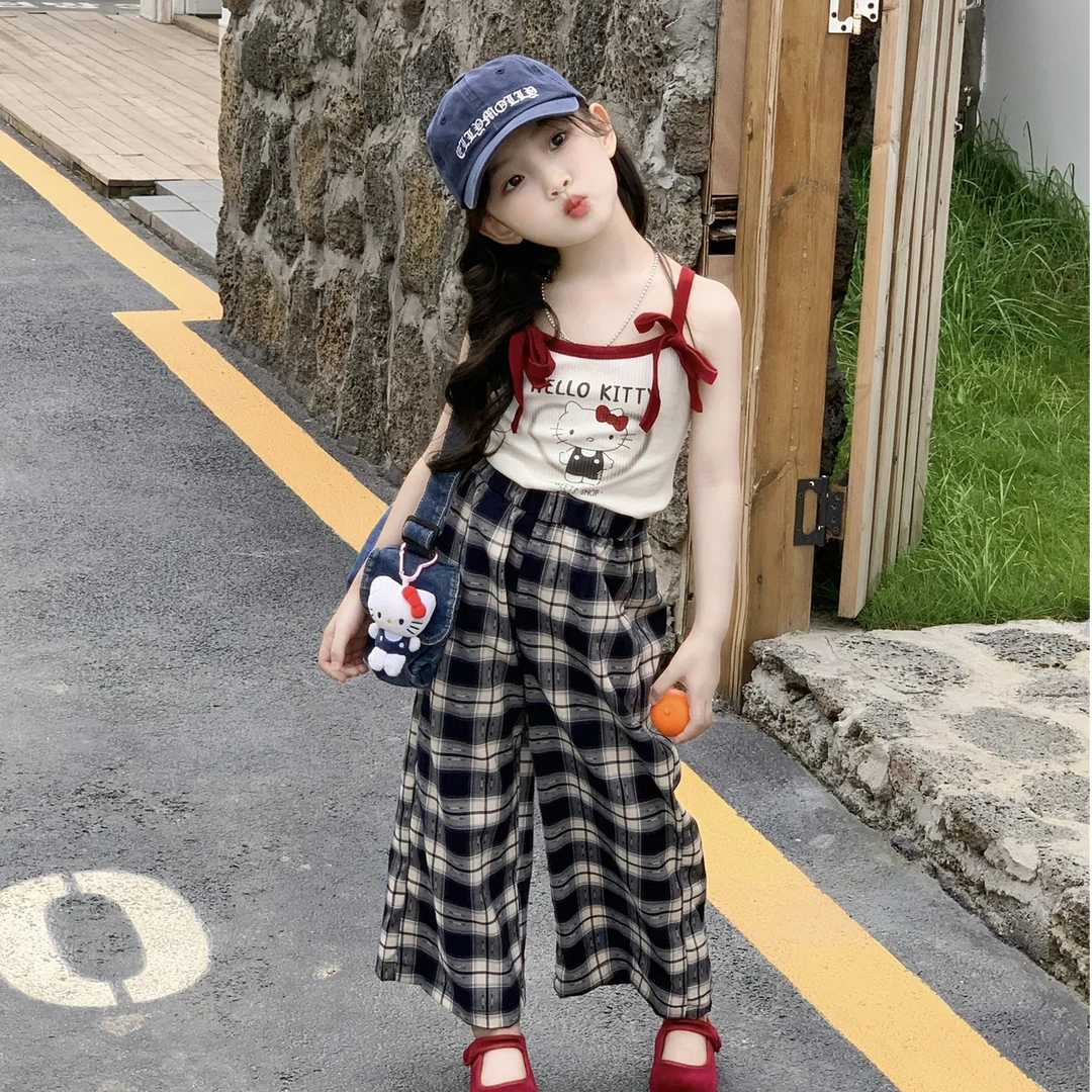 大橙子Studio女童2025夏新款儿童洋气卡通吊带背心格子休闲裤套装