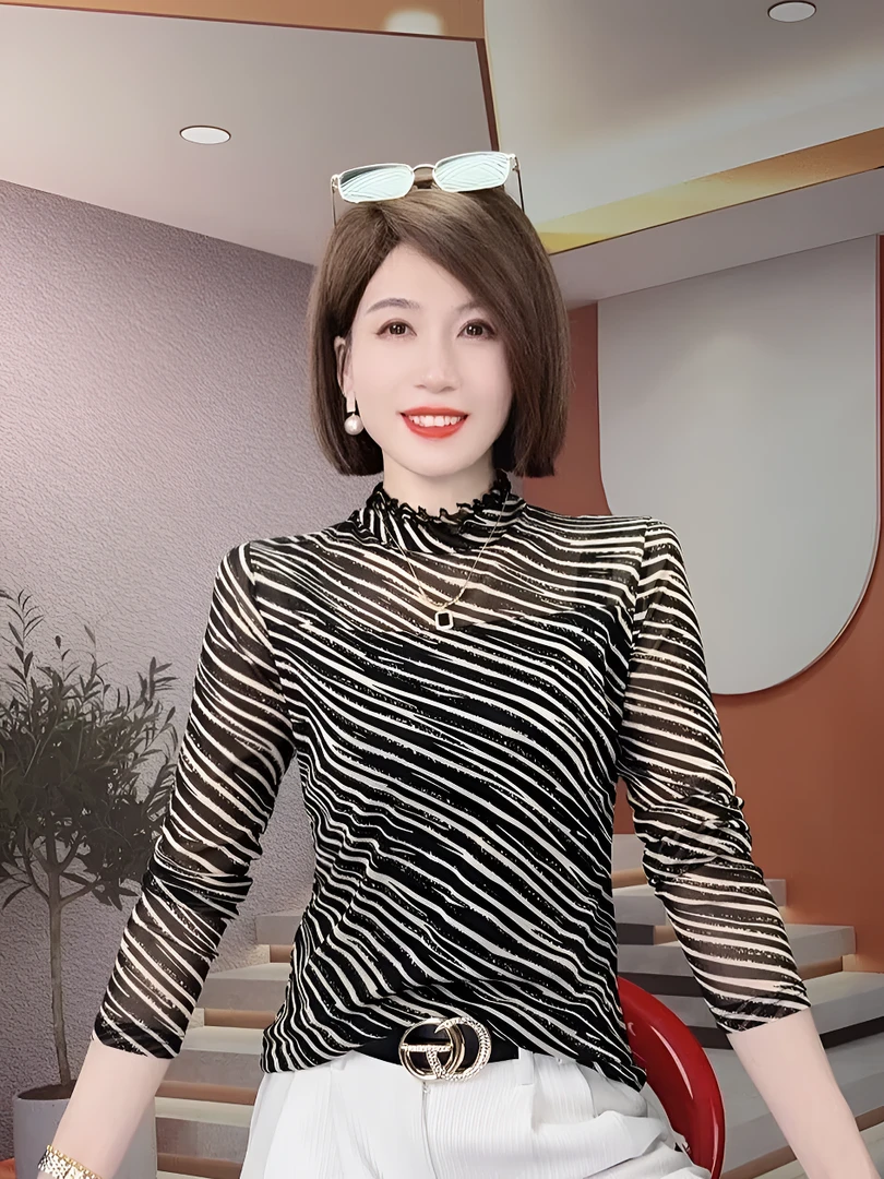 秋冬季新款洋气打底衫女百搭妈妈装网纱烫钻半高领长袖上衣小衫