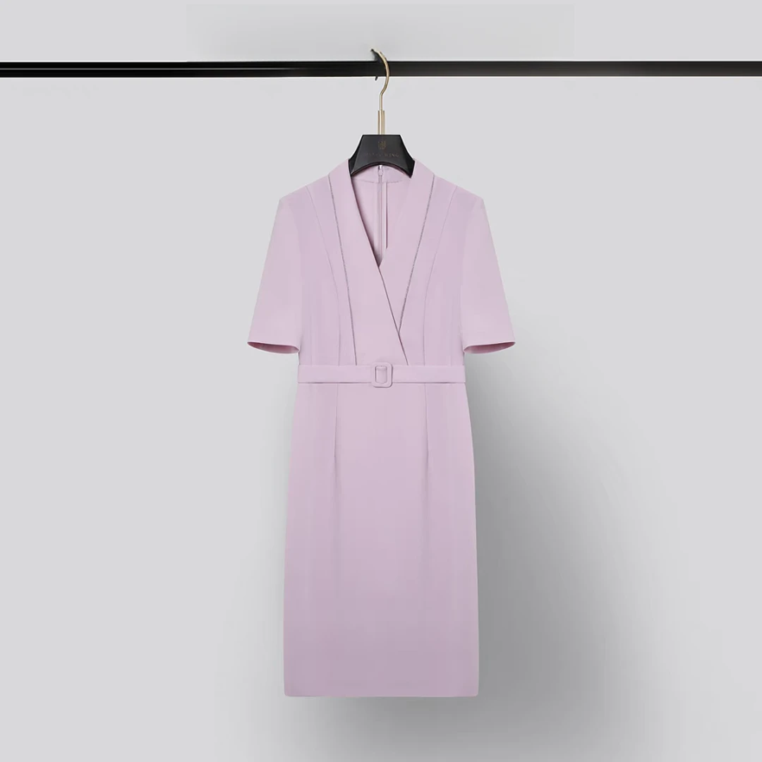 【宝】三醋酸轻奢法式V领夏季显瘦短袖西装连衣裙-BZ832