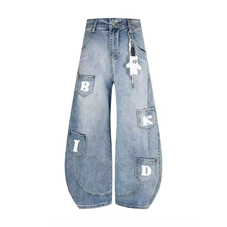 美式复古丹宁原色弯刀牛仔裤男女宽松多口袋刺绣阔腿拖地长裤