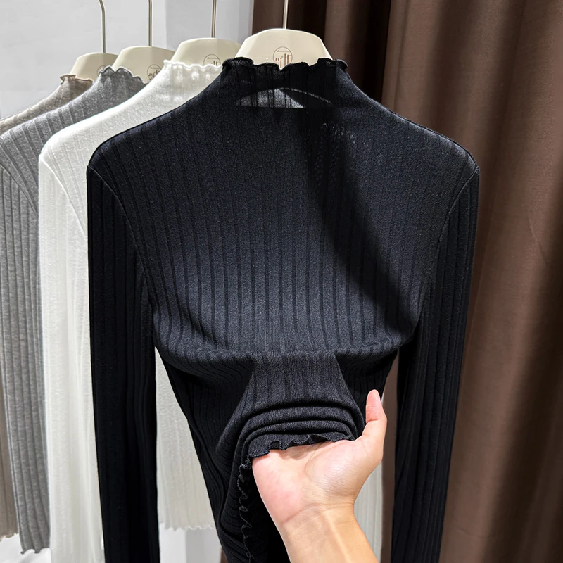 黑色气质高领长袖内搭打底衫上衣女2025春季爆款套头木耳边针织衫