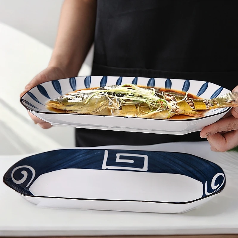 陶瓷鱼盘子菜盘家用新款陶瓷大号日式早餐盘寿司盘长方盘蒸鱼盘