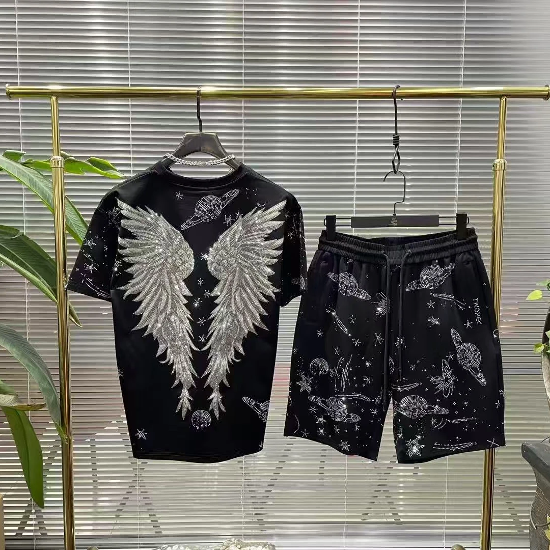 套装男士短裤时尚休闲夏季潮流印花透气烫钻满天星星空烫钻重工