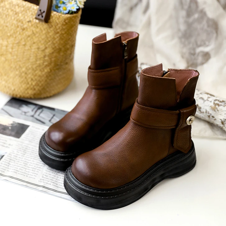 牛皮单靴复古铆钉厚底女靴简约百搭秋冬新款低筒短靴