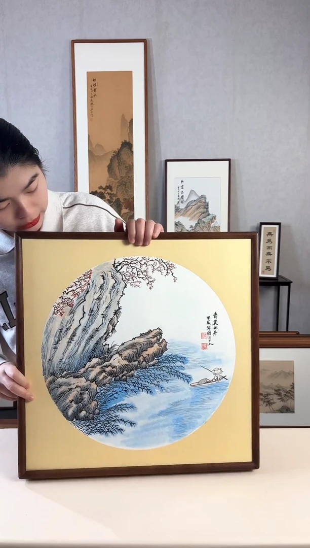 【闪购商品】国画手绘*青蓑孤舟斗方*53*53cm实木框