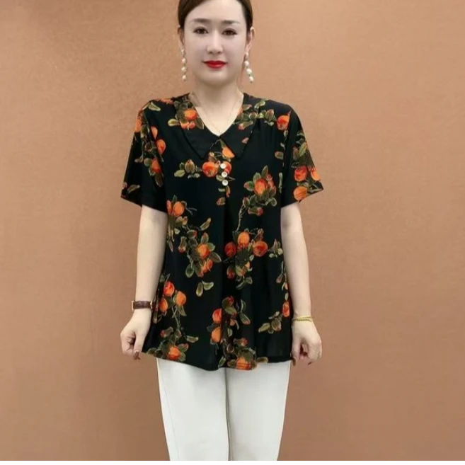 时尚翻领中长款短袖上衣百搭遮肚中老年女装洋气T恤5256