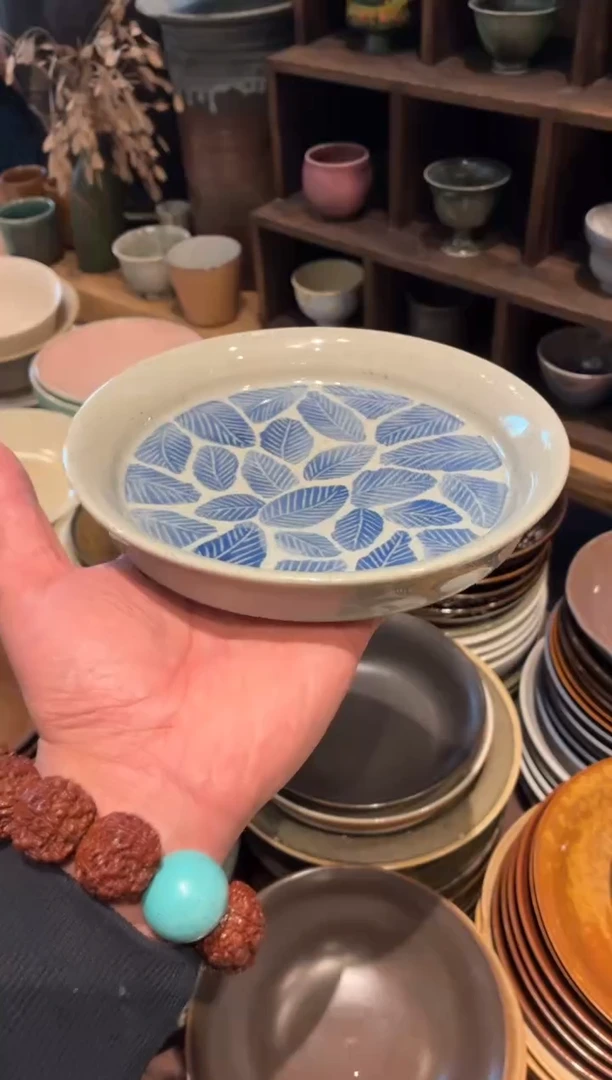 瓷片7寸，灰釉手绘白叶盘（全量