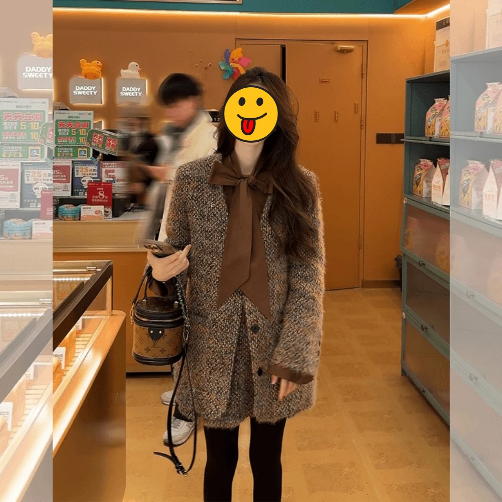 冬季小香风气质套装女新年战袍法式复古粗花编织外套小香风套裙