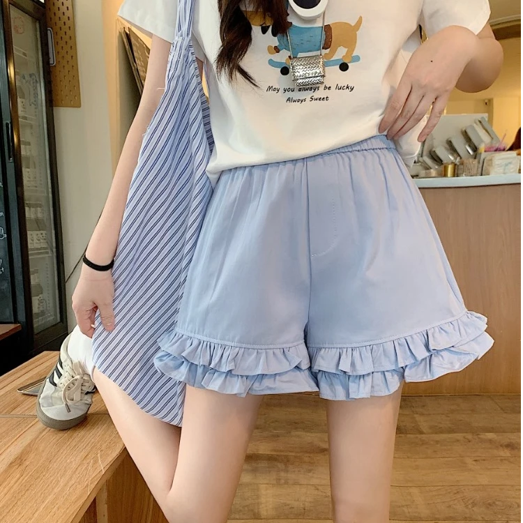 韩版气质甜美风木耳边短裤拼接高腰设计感显瘦百搭纯色阔腿热裤子