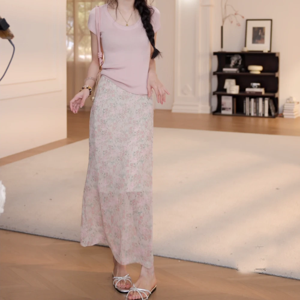 夏季纯色U领短袖针织衫+松紧腰提花碎花半身裙套装LK2503698-1