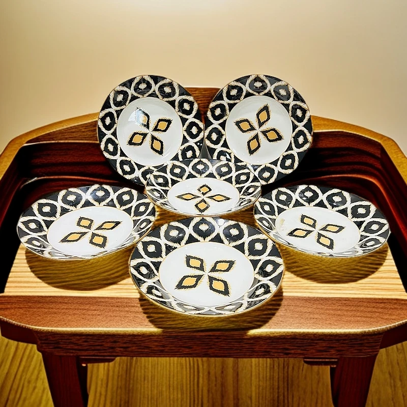 新疆包邮【21cm6个黑色艾特莱斯拉面盘】陶瓷好看家用 民族高档