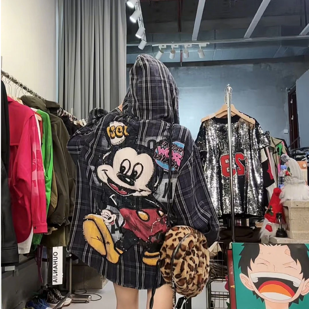 奇奇家 重工刺绣亮片米奇米妮格子连帽衬衫