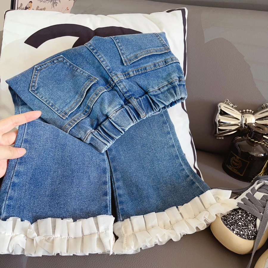 HHkids女童春款新款2025韩版童装洋气百搭时髦花边牛仔裤CKZ221