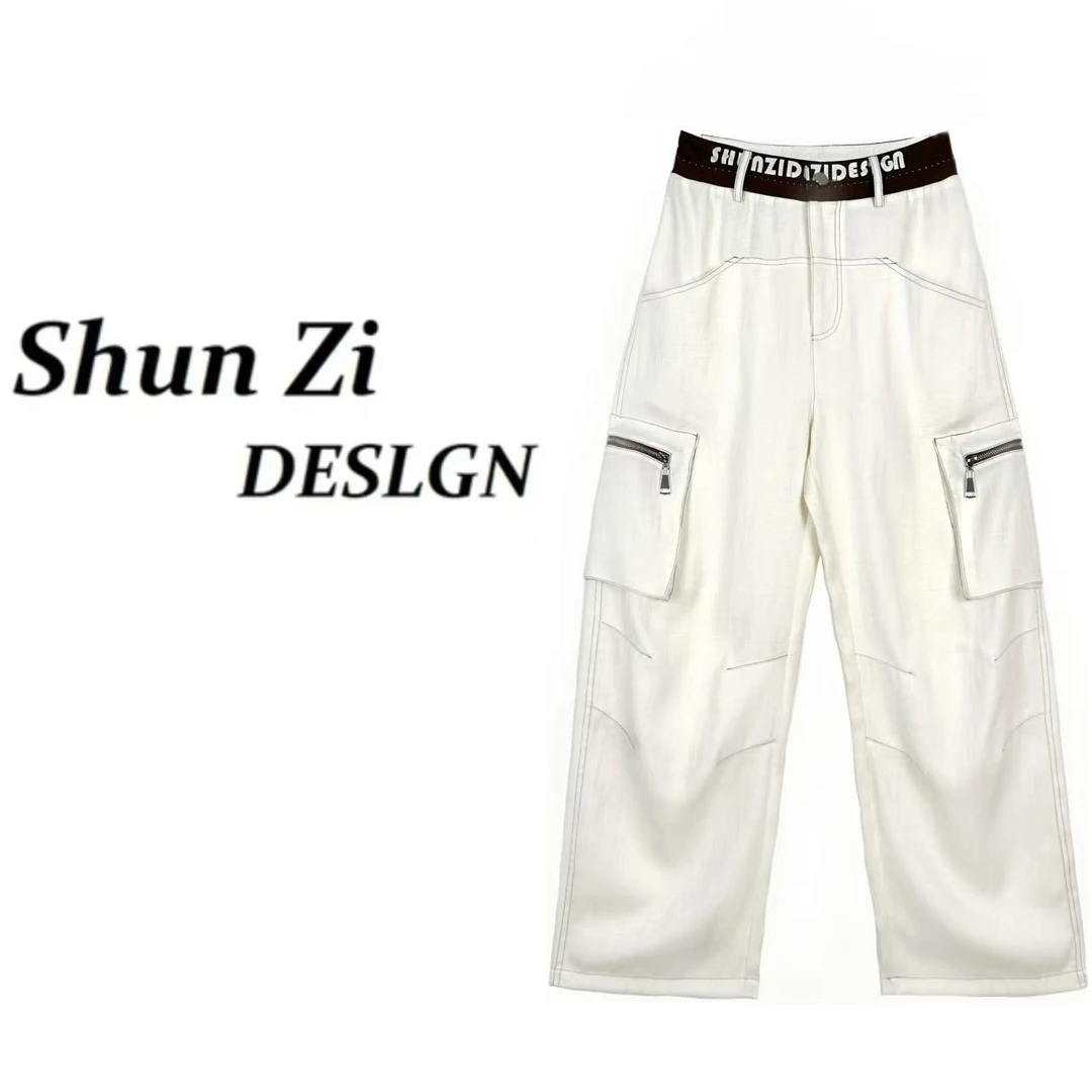 顺子/SZ7025 夏季2025新款个性时尚复古拼接撞色亚麻直筒裤裤