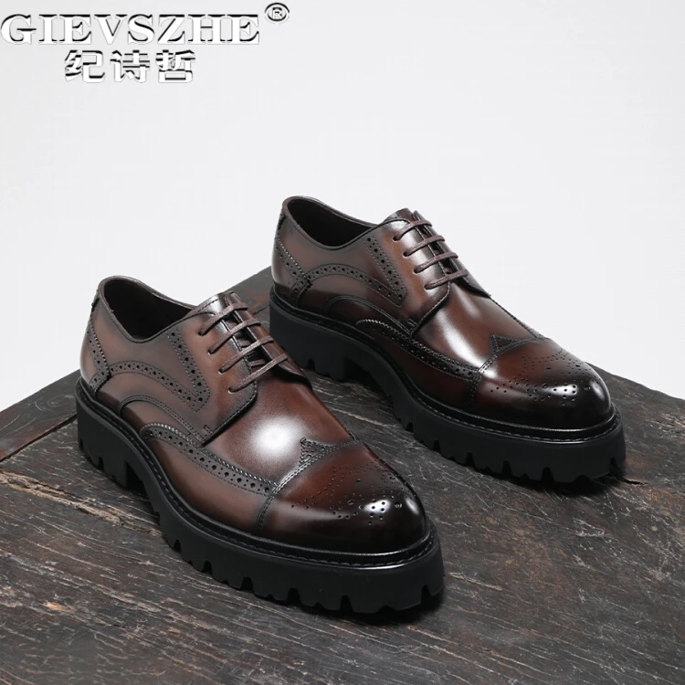 纪诗哲男鞋厚底透气布洛克鞋男士百搭手工德比鞋商务雕花增高皮鞋