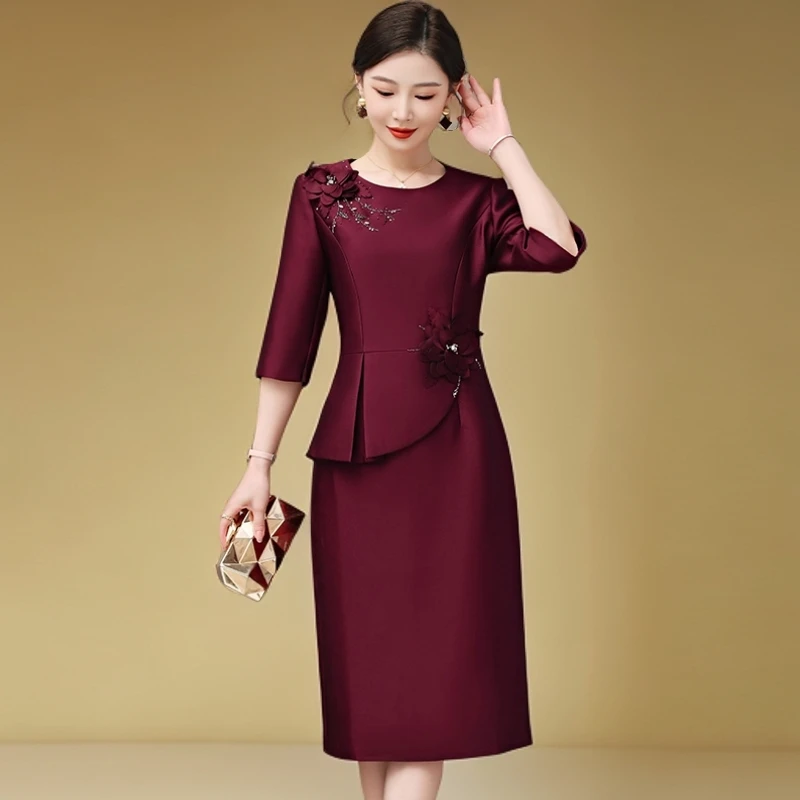 喜妈妈婚宴礼服假两件高端轻奢高级感不显肚子结婚喜婆婆装旗袍裙
