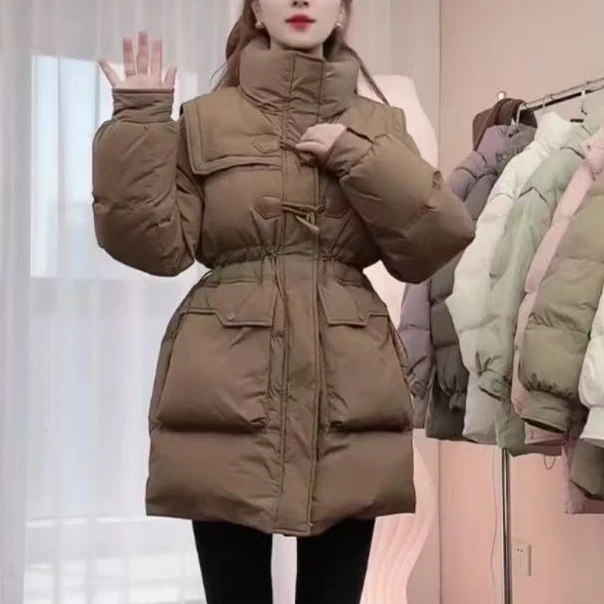 2024冬季新款收腰牛角扣中长款棉衣时尚显瘦棉袄棉服立领外套