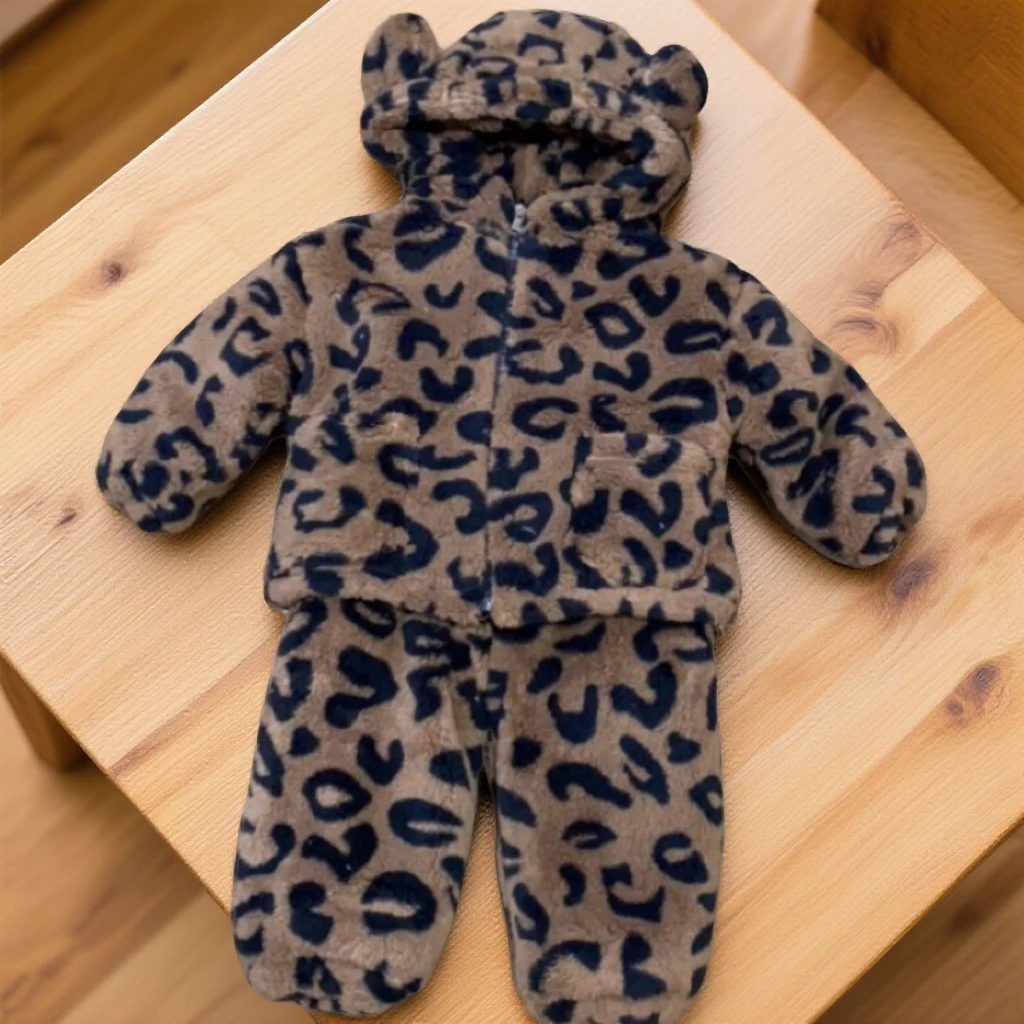 男童女童冬季睡衣2025新款儿童豹纹连帽加绒加厚家居服保暖套装