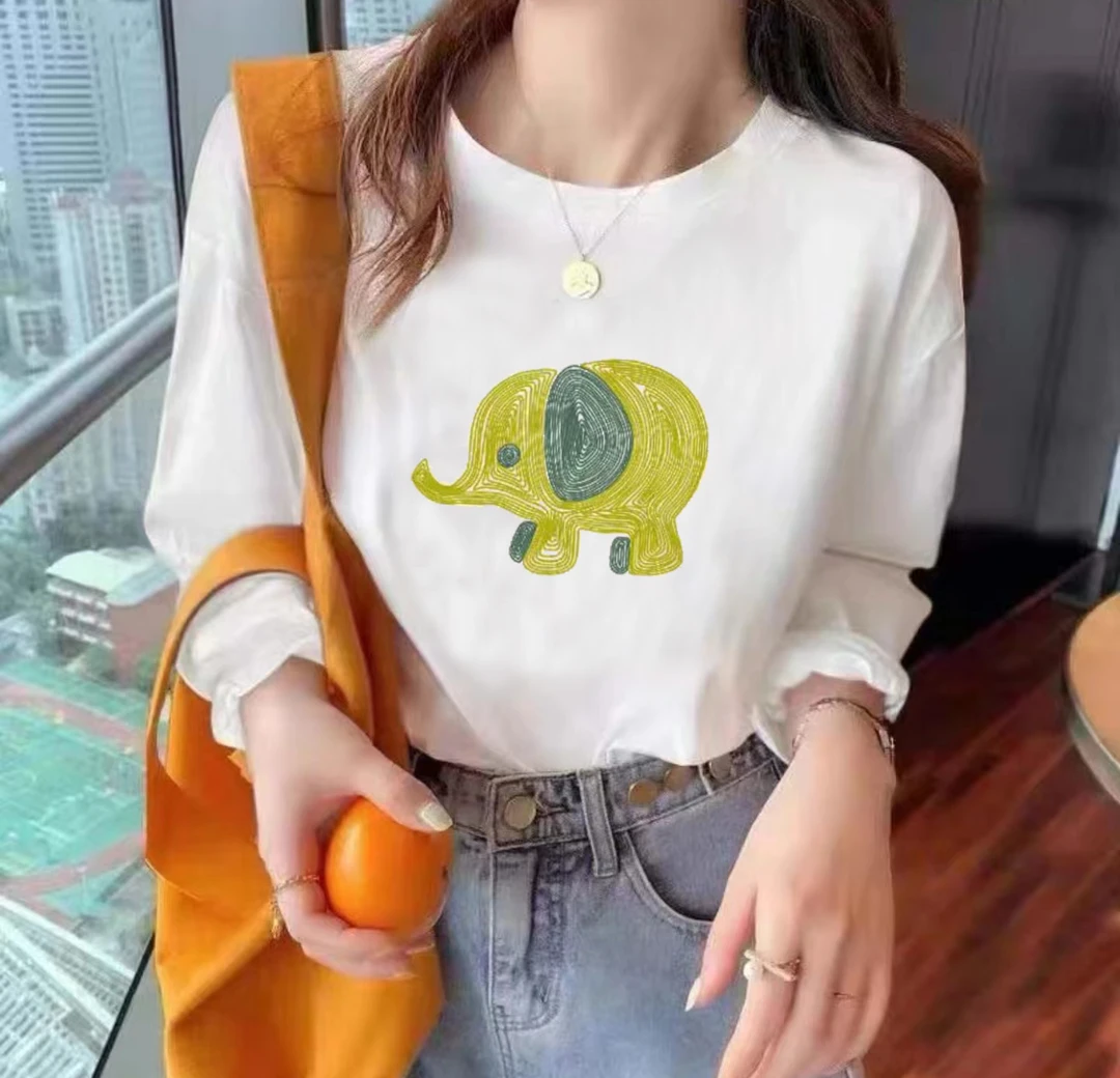 港风时尚潮流春夏卡通圆领长袖T恤-绿色小象