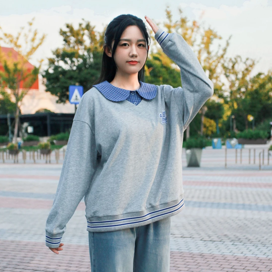 芙希鹿2025秋季青少女上衣宽松长袖翻领卫衣学生常规学院风潮