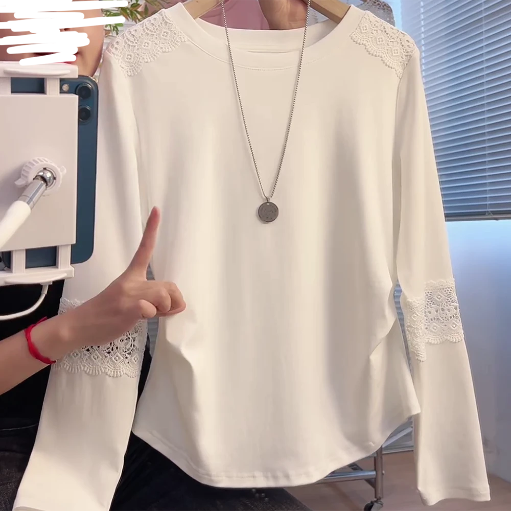 2025年秋季新款温柔风白色蕾丝镂空拼接长袖T恤上衣C6365