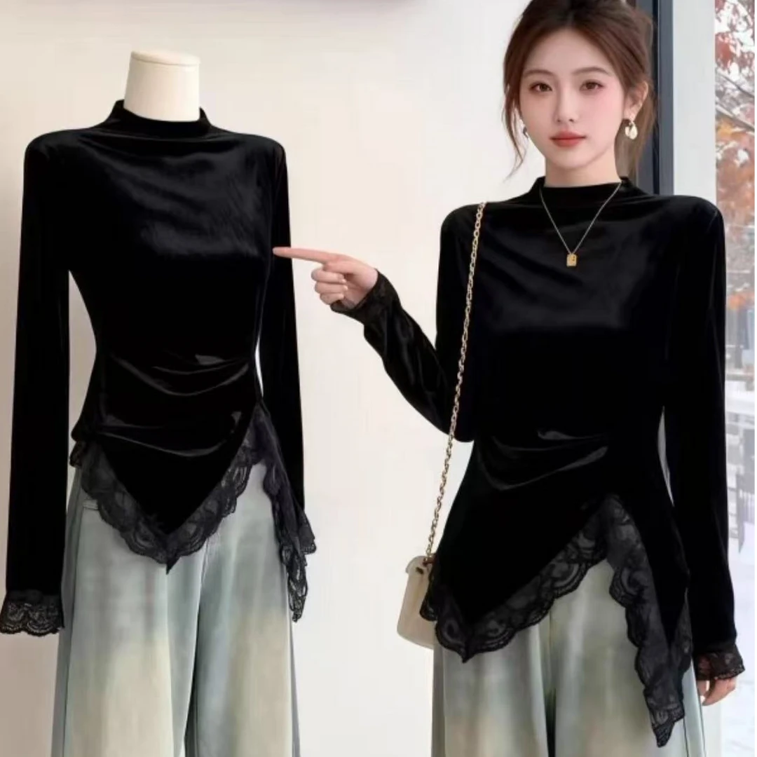 大码遮肚子欧货蕾丝开叉丝绒长袖T恤女秋冬胖妹妹显瘦拼接打底衫