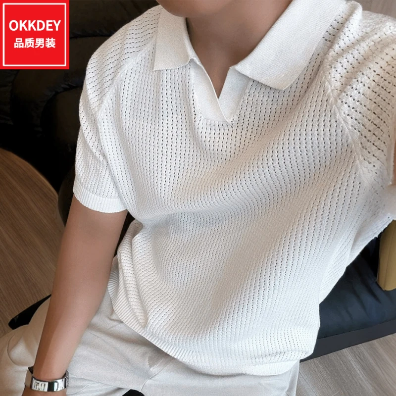 夏季薄款镂空针织polo衫男士高级感设计师男装轻熟风短袖小v领t恤