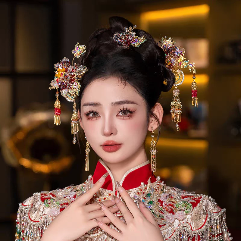 G078秀禾头饰红色凝胶花古装头饰中式新娘结婚饰品蝴蝶发钗大气