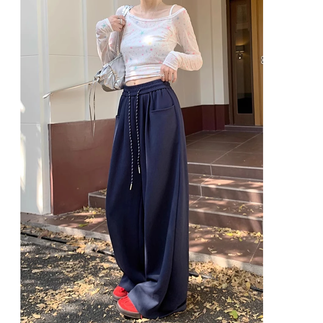 春季新款休闲裤女松紧腰抽绳阔腿裤宽松显瘦直筒高腰垂感拖地长裤