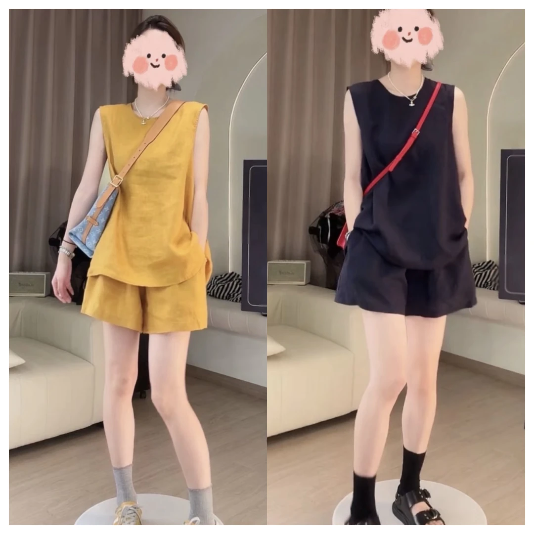 俏皮度假夏季休闲宽松无袖露背上衣+显瘦百搭短裤两件套2025新款