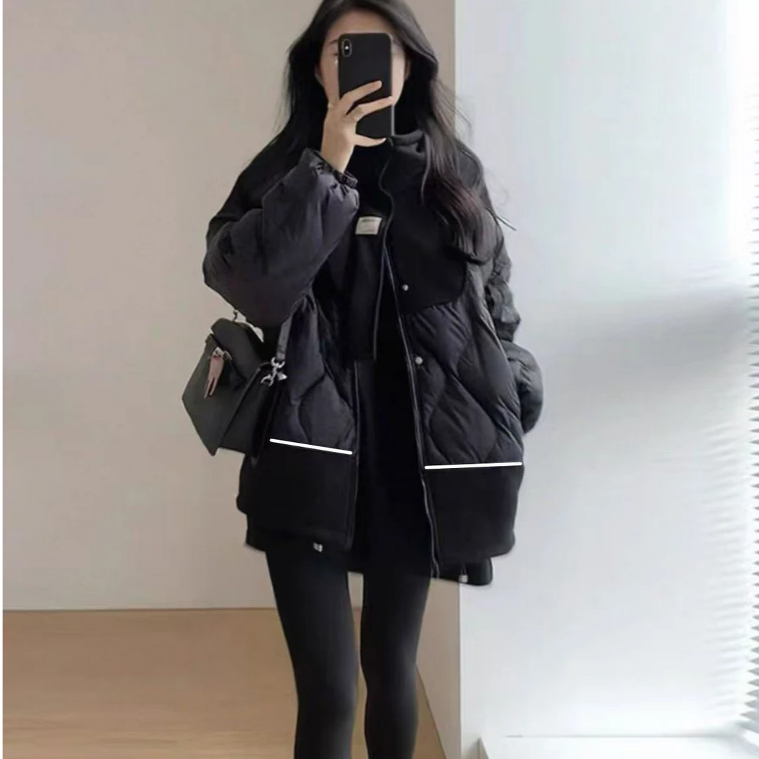 9211-卫衣拼接面包羽绒服（时尚休闲款）（黑色）