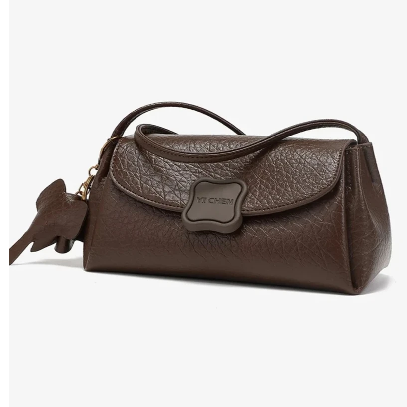 锁扣夹层拉链袋单肩包肩包轻奢休闲棕色单肩小众潮流