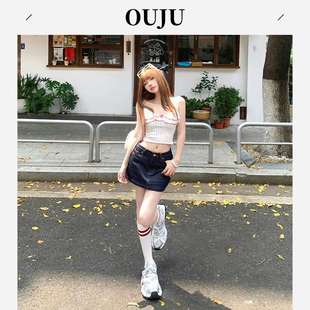 OUJU美式复古辣妹短裙百搭a字裙春夏新款牛仔裙防走光半身裙