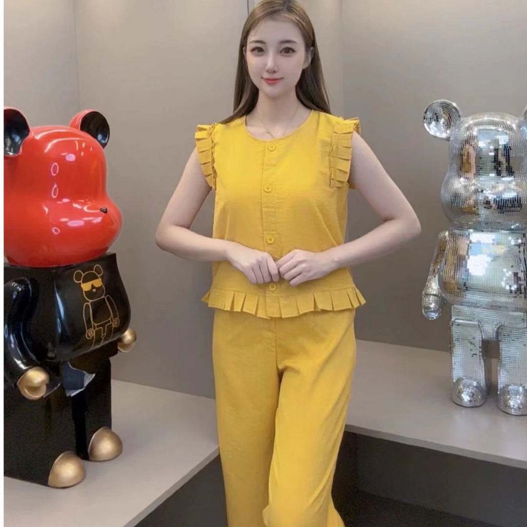 2025夏季新款亚麻木耳边上衣+裤子两件套