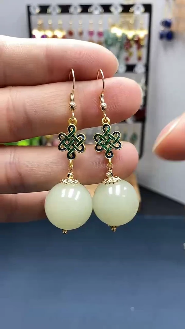 【闪购商品】和田玉耳饰银S925镀金镶嵌尺寸18mmQ2