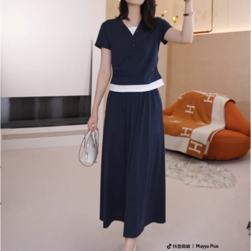 【曼乐之城】2025夏季新款气质欧若风显瘦百搭假两件套装LK2503226