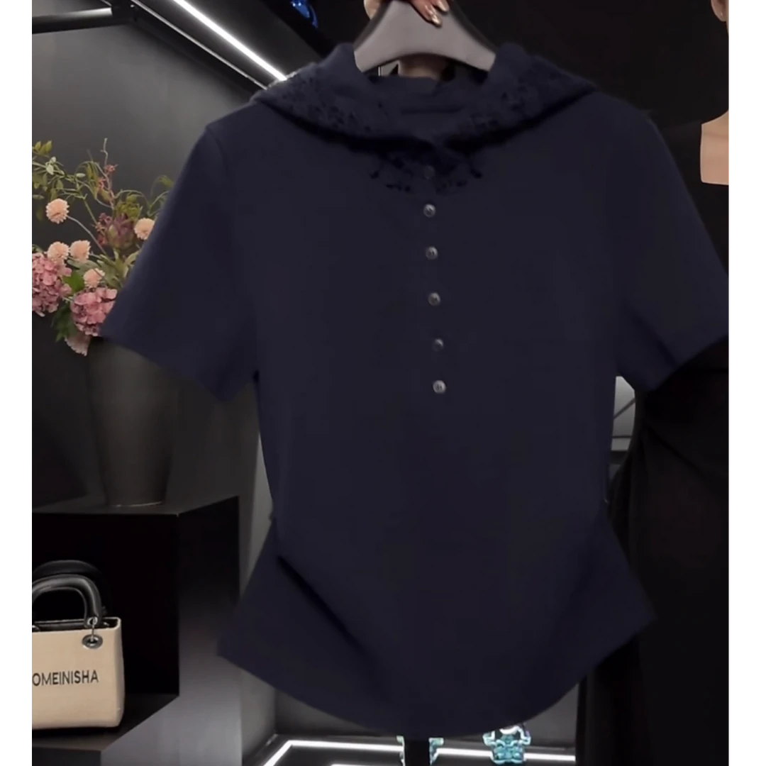 2025春季新款连帽修身纯色蕾丝帽拼接短袖t恤女时尚休闲百搭上衣