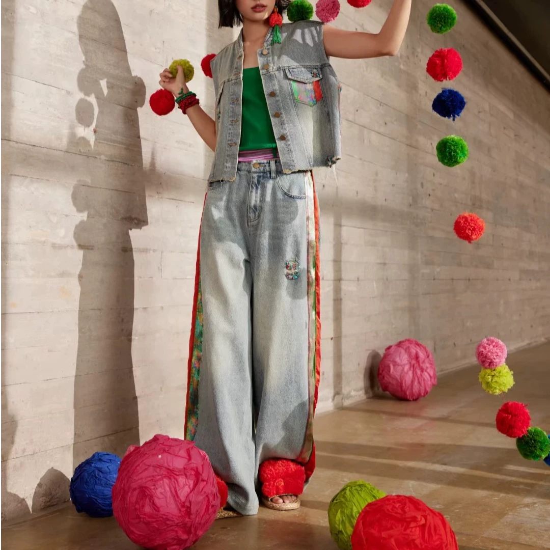 S253 摩登复古牛仔裤女2025春秋新款宽松直筒高腰阔腿裤长裤